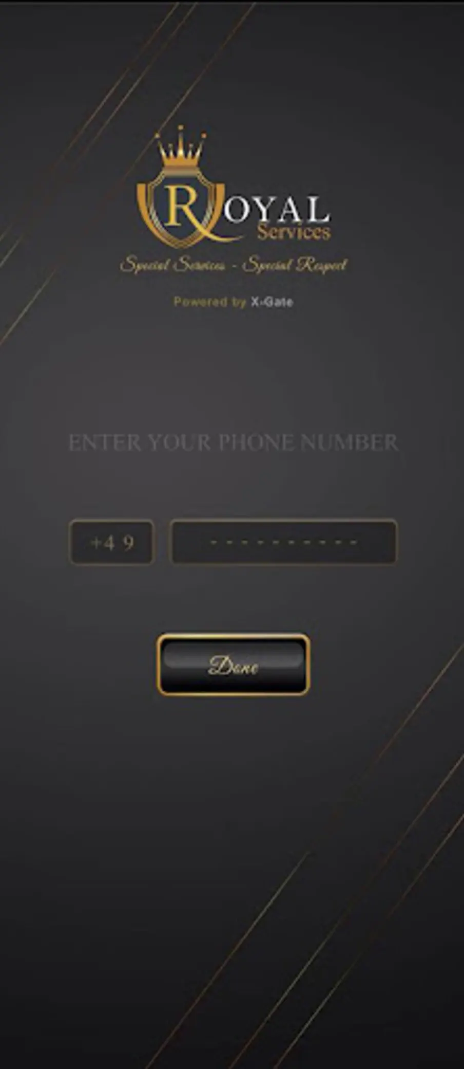 Royal Services, powered by X-Gate: enter your phone number